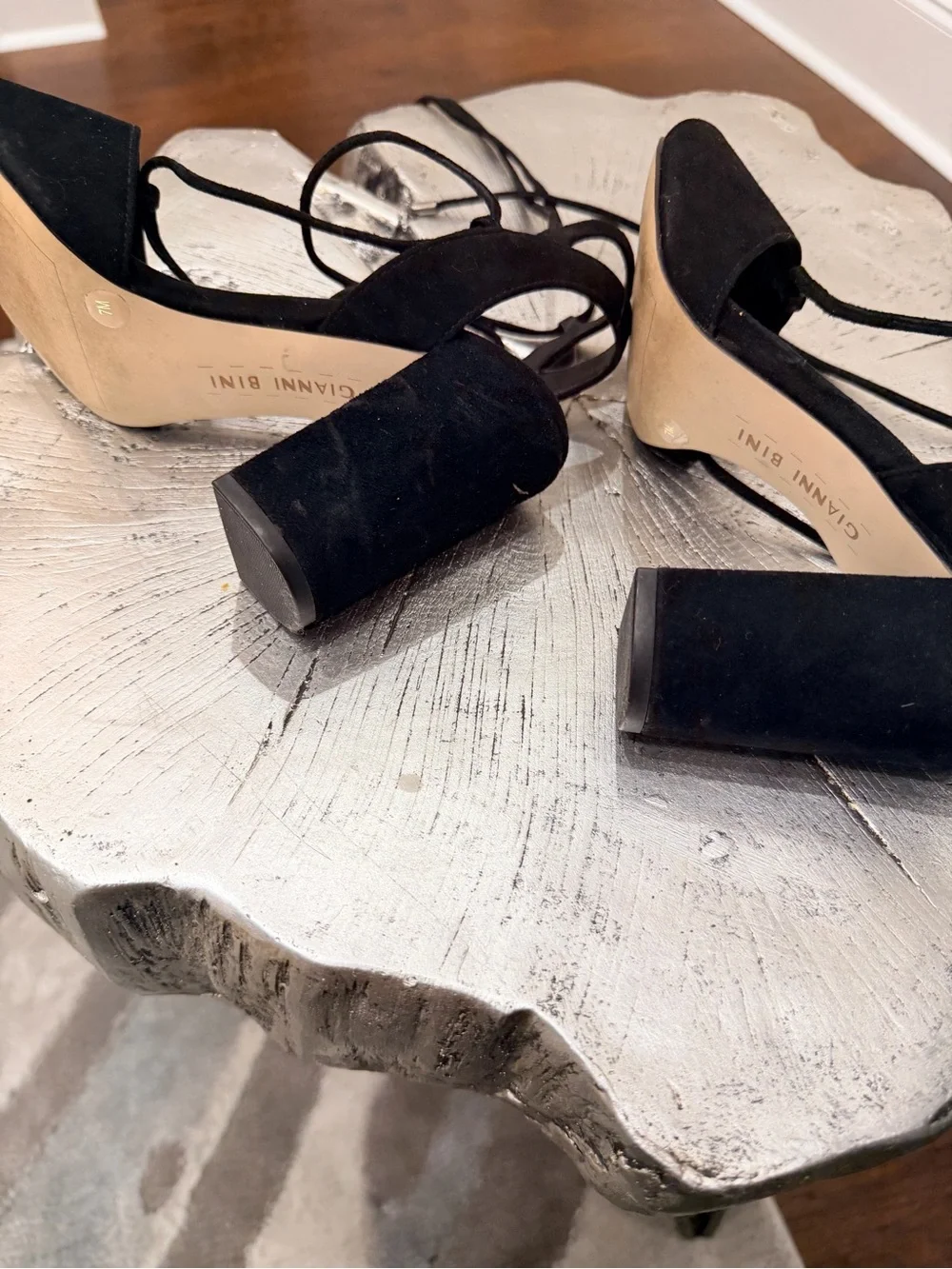 Gianni Bini Black Suede Lace-Up Block Heels
